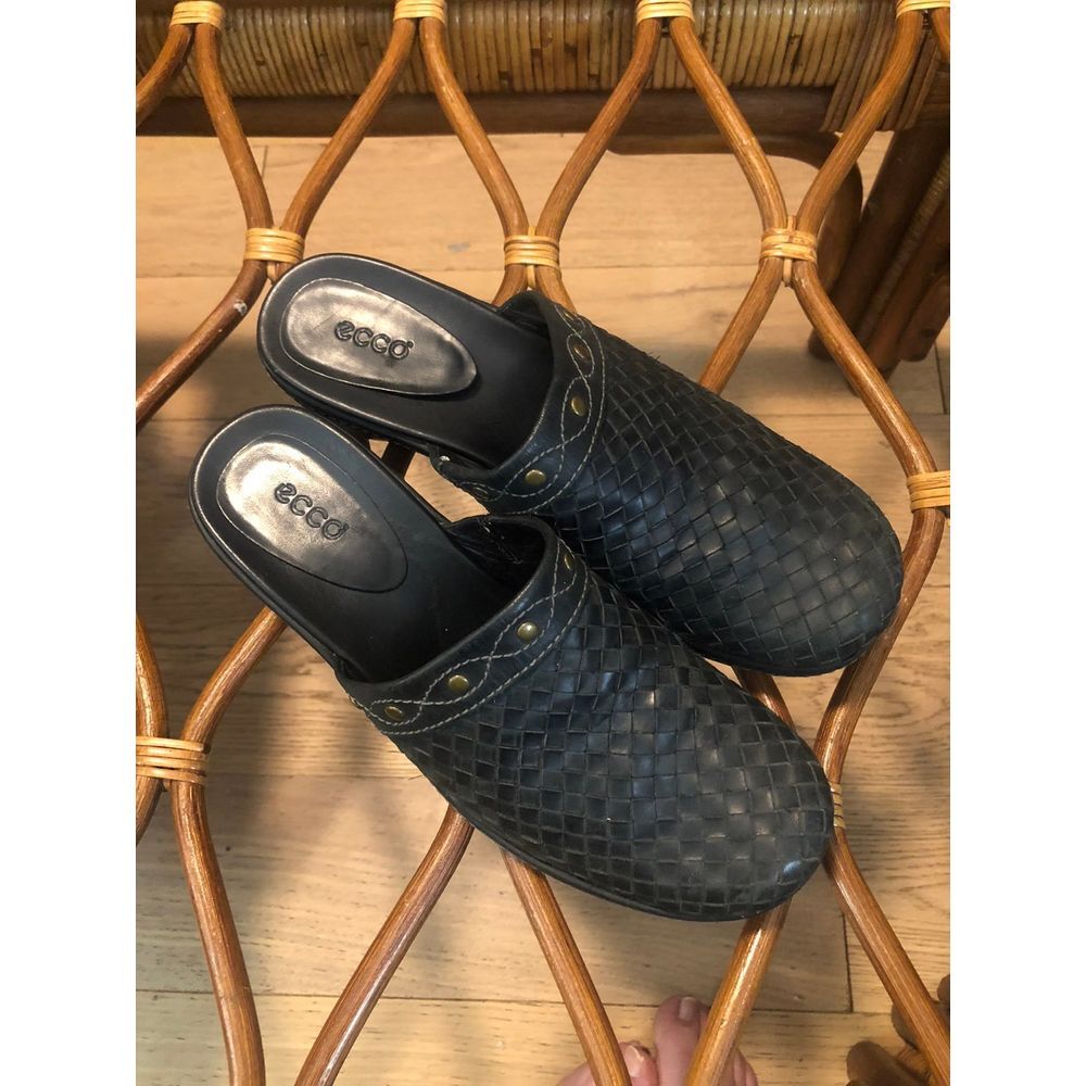 Ecco Braided Leather Clog Slides 8.5 Brown Good